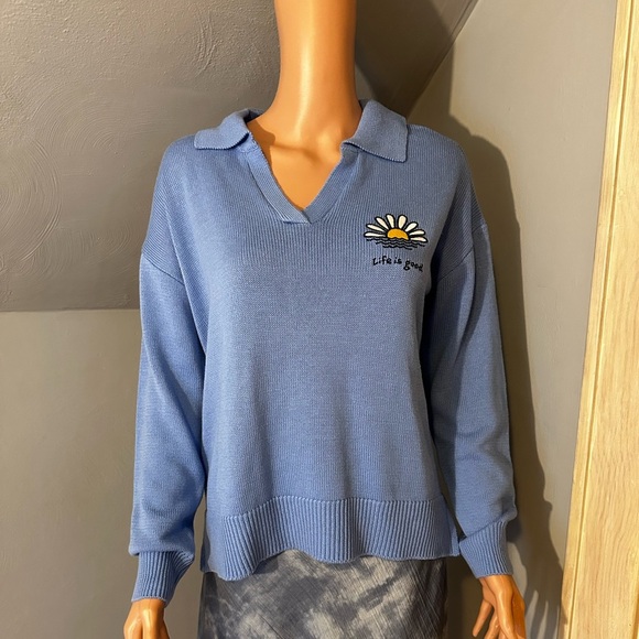 Life is Good Collared V Neck Sweater Size Medium - Picture 4 of 6
